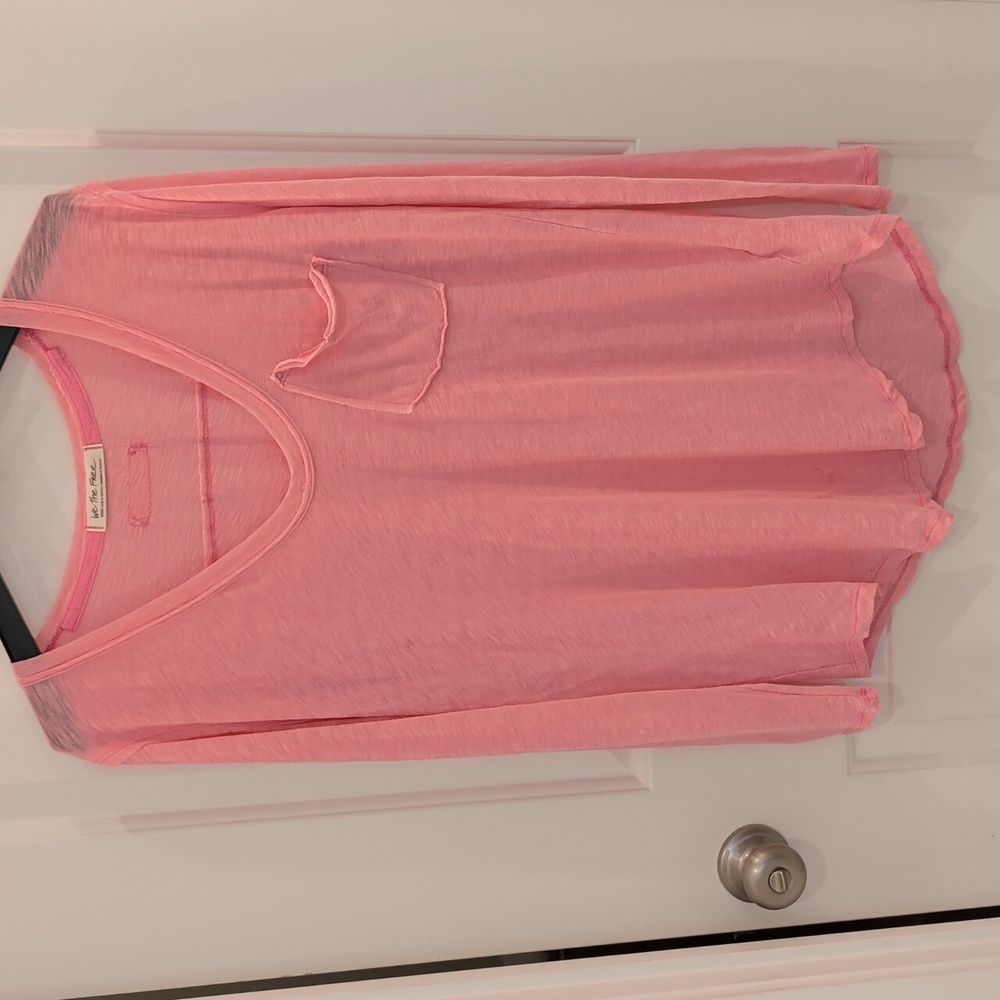We The Free Vibrant Pink Betty Long Sleeve Top Tee With Large Chest Pocket